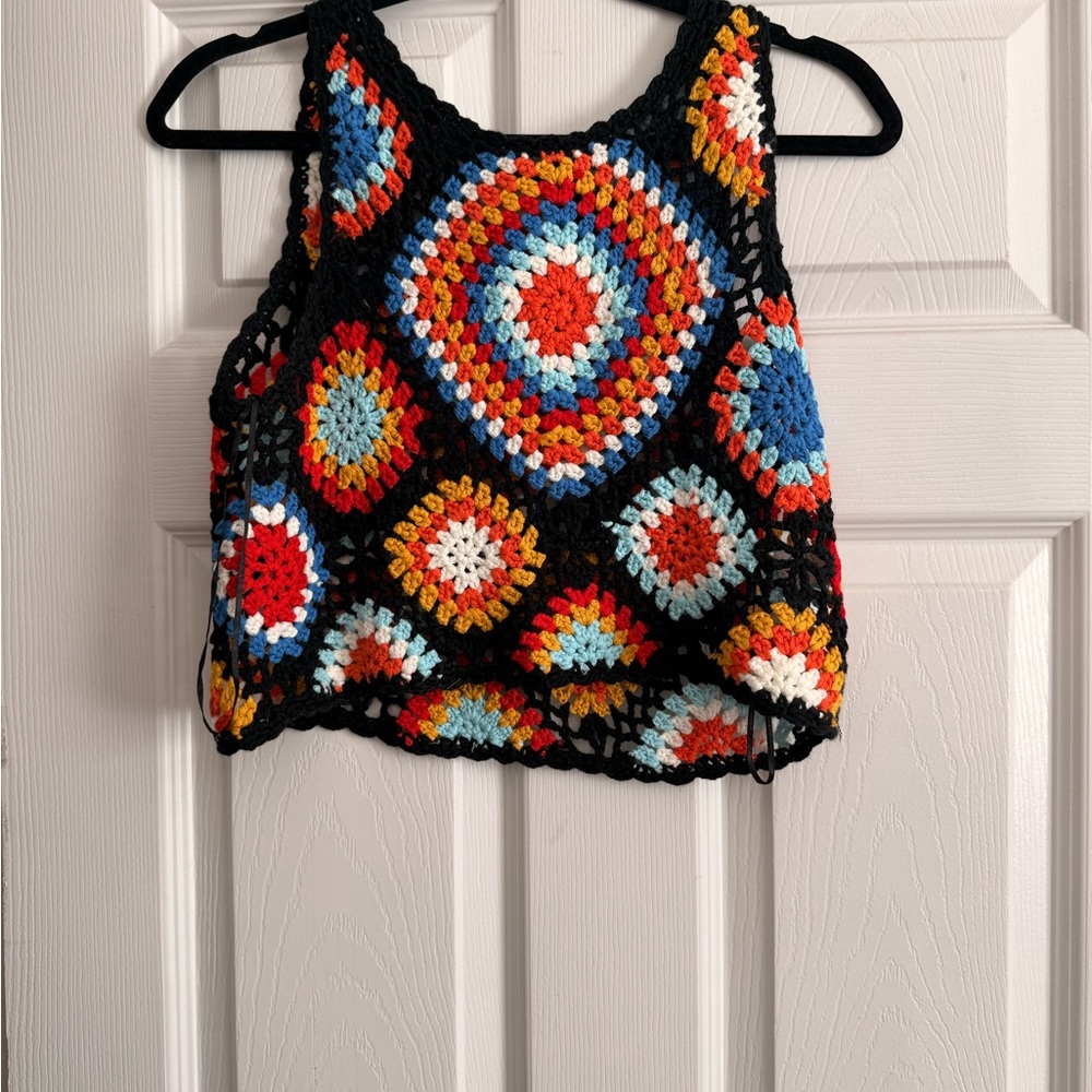 Altar'd State Black Crochet Crop Top with Multicolor Circles